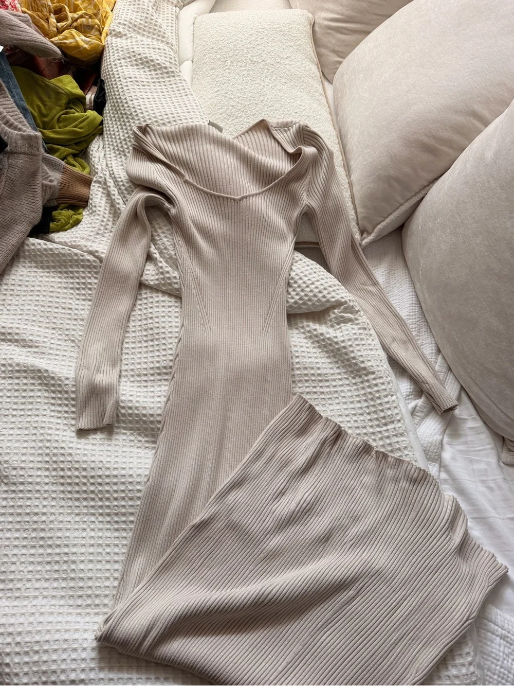 Abercrombie Ribbed Long-Sleeve Sweater Maxi Dress in Beige